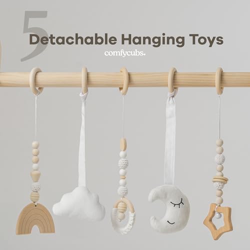 Comfy Cubs Wooden Baby Play Gym - Natural Finish Pinewood Baby Activity Gym with 5 Sensory Hanging Toys - Easy No-Tool Assembly, Safe and Durable for Infant Motor and Visual Development - Natural Wood - Image 5