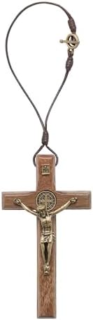 Intercession Wood St. Benedict Crucifix Car Rearview Mirror Ornament, 2.75 inches image 3