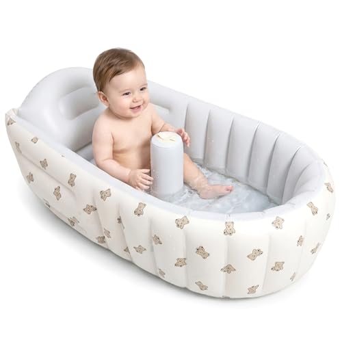 Bañeras para bebés, Bañera inflable para bebés, Bañera con diseño de osito de amor blanco, de viaje portátil plegable para niños pequeños.