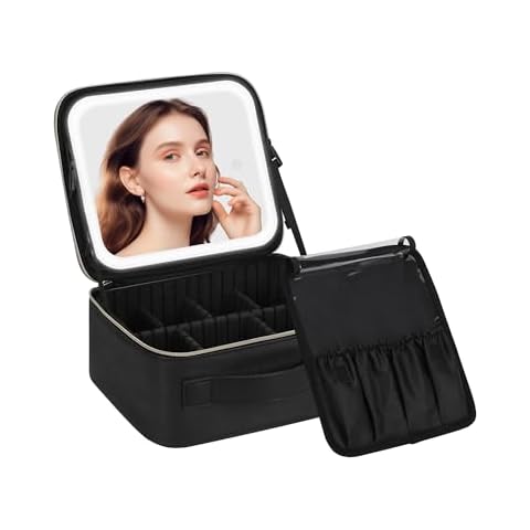 Chomeiu Makeup Bag with LED Mirror, Travel Makeup Case for Women and Makeup Artists Cosmetic Organizer Large Make Up Bags with Light Up Mirror, 3 Color Lights, Adjustable Dividers and Brush Holder Cover
