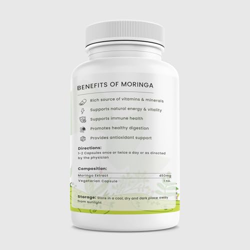 Image of Moringa Oleifera Capsules for Energy & Immunity Support - Pack of 3 (180 Veg Caps Total) - Natural Antioxidant & Detox Superfood for Men & Women Daily Wellness