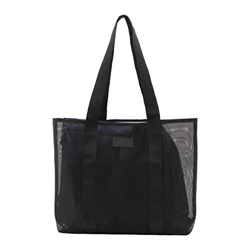 Mesh Shoulder Beach Tote Organizer Bags for Woman Travel Toys Grocery(Large, Black)