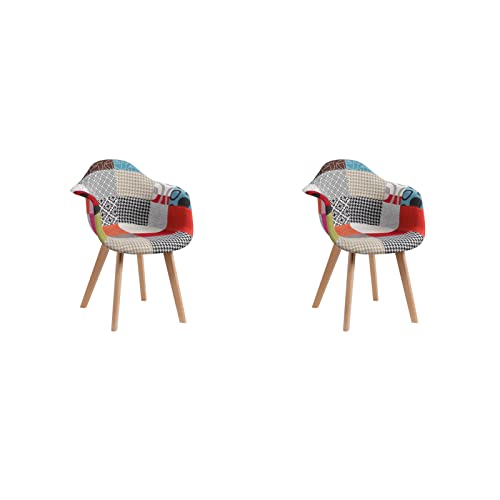 HJhomeheart Lot de 2 Chaises de Salle à Manger en Tissu Patchwork avec Accoudoirs, Fauteuil Design Moderne, Chaise de Cuisine Scandinave en Bois de Hêtre...