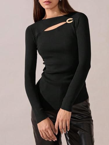 Women's Cut Out Pullover Sweaters Slit Ruched Basic Long Sleeve Knit Tops