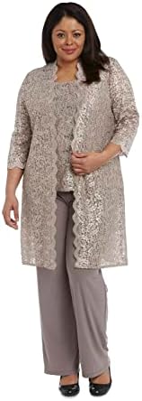 R&M Richards Women's Plus Size Tank Top and Pant Set with Sheer Lace Jacket,  Champagne,  20W