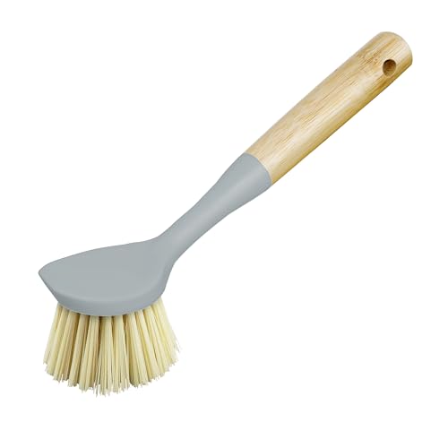 Image of OGGI Natural Bamboo Dish Brush - Non-Scratch, Odorless Nylon Bristles, Durable Scrub Brush with Scraper for Grease & Grime, Safe Cleaning Brush for Non-Stick Cookware - Gray Accent Color