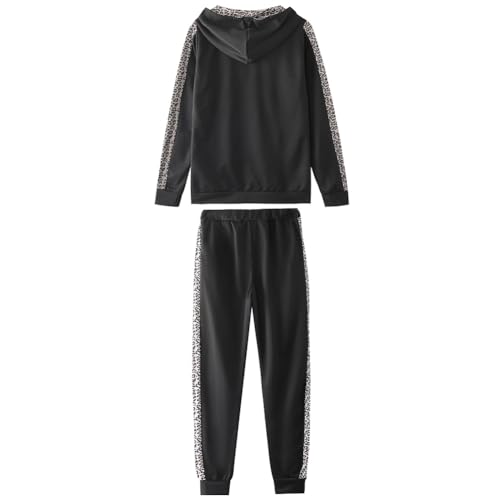 Amropi Donna Tuta Sportiva Set Leopardato Maniche Lunghe Felpa Con Cappuccio E Jogging Pantaloni (Nero, M) - 6