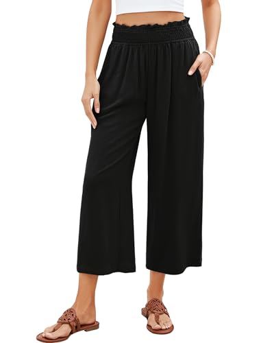 GRAPENT Capri Pants for Women High Waisted Wide Leg Linen Palazzo Trousers Pull On Elastic Smock Waist Loose Flowy Pants