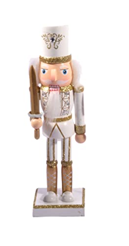 Christmas Nutcracker Toy Soldier Swordsman (24cm) Wooden Glittery Decoration, Gold/White