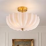 TinHon Milk Glass Ceiling Light Fixture, 15.7'' Vintage Gold Semi Flush Mount Ceiling Light, 3-Light Brass Modern Ceiling Light for Hallway Entryway Foyer Living Room,E26