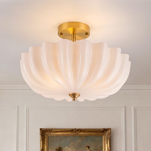 TinHon Milk Glass Ceiling Light Fixture, 15.7'' Vintage Gold Semi Flush Mount Ceiling Light, 3-Light Brass Modern Ceiling Light for Hallway Entryway Foyer Living Room,E26