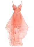 Lace Applique Homecoming Dresses for Teens 2024 High Low Spaghetti Straps Tulle Short Prom Dress Glitter Quinceanera Dress Coral