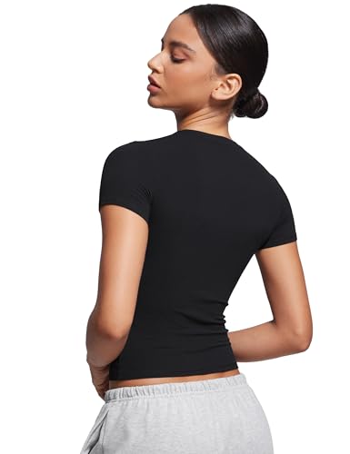 CRZ YOGA Softembrace Short Sleeve Going Out Tops for Women Soft High Crew Neck Casual Tight Shirts Fitted Basic T-Shirts2