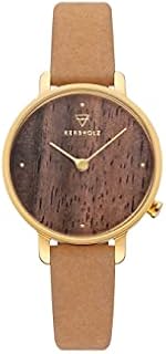 Kerbholz Holzuhr Damen - Emma Vegan - analoge Quarz Damenuhr mit Echtholz - veganes Uhrenarmband - leichte Uhr mit Edelstahl in Gold - Geschenk für Frauen, Ø 30mm