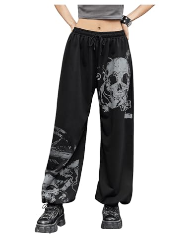BEAUDRM Women's Punk Skull Graphic Wide Leg Sweatpants Drop Waist Drawstring Jogger Pants Black X-Large