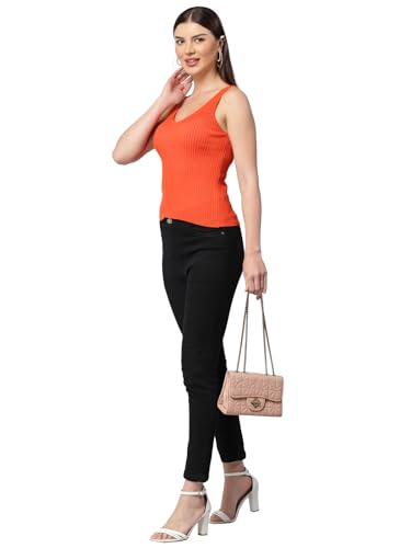 Image of Kalt Women Knitted, Ribbed Cotton Fitted Sleeveless V-Neck Cami Tank Top for Women Stylish