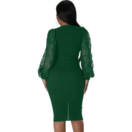 Image of BOGURST Semi Formal Church Dresses for Women Bishop Sleeve Sexy V Neck Bodycon Midi Dresses