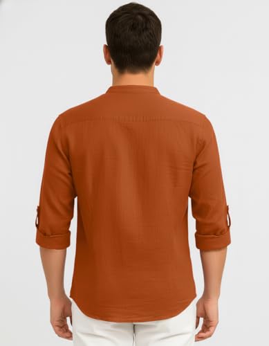 Image of Zombom Men's Cotton Blend Kurta Shirt with Full Sleeves Mandarin Collar Neck Solid Pattern for Men Regular Fit Ethnic Wear Casual Festive Top Modern Style | Cotton Shirt for Mens