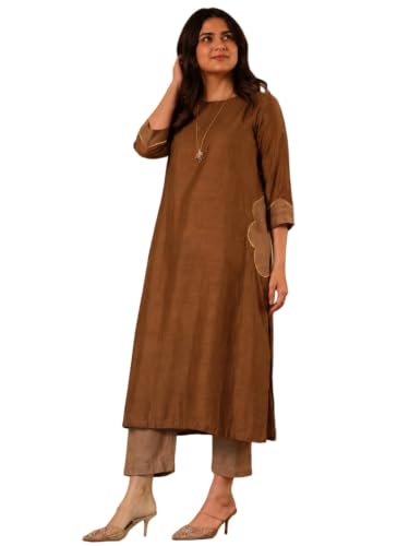 Image of ANNI Designer Viscose Blend Solid Kurta with Pant for Women | A-Line Kurti Set for Woman | 3 /4 Sleeve Close Round Neck Stylish Kurta Pant Ethnic Outfit Party Wedding