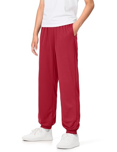 Auranso Boys Sweatpants Althetic Mesh Quick Dry Sports Pants for Kids Joggers Workout with Pockets Drawstring Red 9-10Years