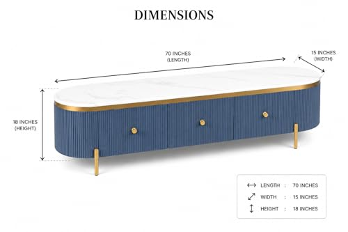 Image of Mazzo White Marble TV Unit Console | 70 inchx15 inchx18 inch | Golden Legs & Charcoal Louvers | Storage Drawers | Modern TV Stand Console Unit White Marble Top with Gold Accents, Storage (Blue)