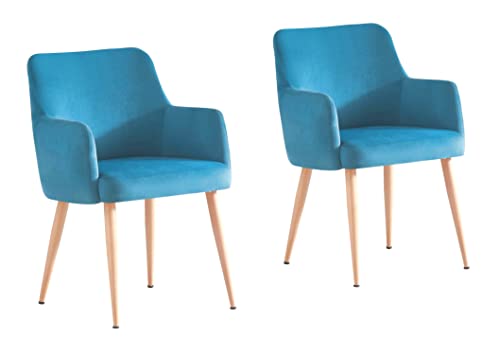 Woward Esszimmerstühle 2er Set Polster Küchenstuhl Sessel mit Armlehnen Samt Sitzfläche Metall Gestell Hellblau Cover