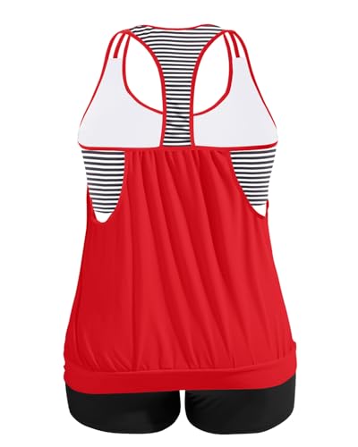 Image of Womens Plus Size Tankini Swimsuit Two Piece Tummy Control Bathing Suit | Blouson Racerback Tankini Top with Shorts, Double Up Design, Removable Pad
