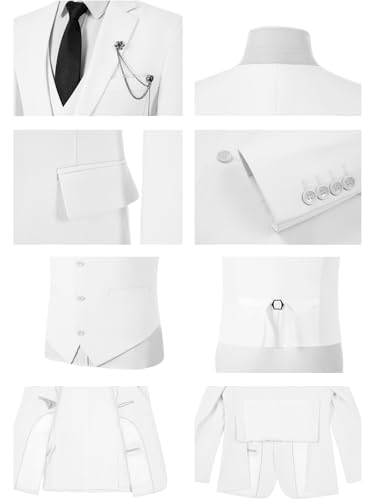 Mens Suits 3 Piece Slim Fit Suit Set Solid Two Button Blazer Jacket Vest Pants Tuxedo Set for Wedding Groomsmen Business Prom Party(X-Small,White)3