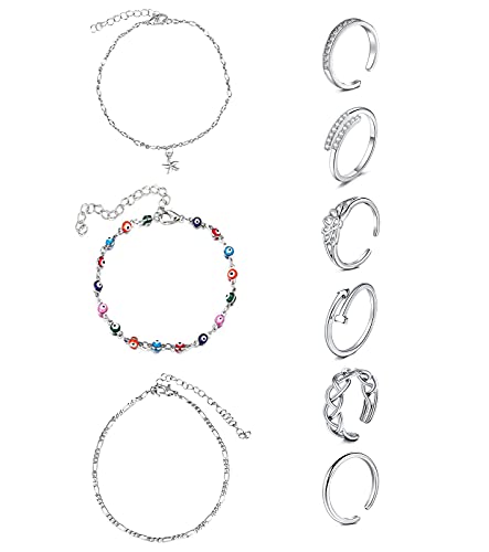 MODRSA Toe Rings for Women Adjustable Silver Toe Ring and Anklets for Women Midi Knuckle Ring Woman's Anklets Brackets for Ten Girls