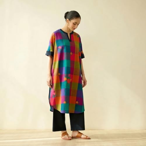Image of GoSriKi Kurta Sets for Women Cotton Blend Printed | Kurta Palazzo Set | Straight Kurti Set for Women | Mandarin Collar Elbow Sleeve Ethnic Outfit | Designer Indian Kurti Top with Palazzo Pants