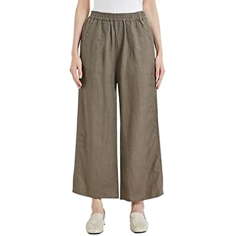 IXIMO Women's 100% Linen Pants Elastic Pleated Wide Leg Straight Fit Palazzo Pants Capri Style_ Dark Khaki XL Cover