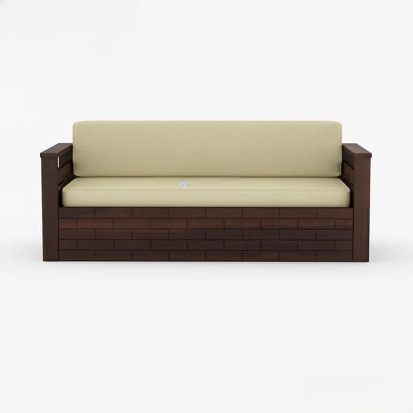 Image of Sheesham Wooden Sofa Cum Bed for Living Room with Side Pocket Storage - 3 Seater Sofa Cum Bed with Storage - 3 Person Sofa Cuma Bed Wooden with Premium Cushion Seating (Walnut Finish)