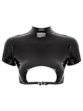 Zaldita Damen Wetlook Crop Top Kurzarm Cropshirt mit Reißverschluss Brustfrei Oberteil Tanzshirt GOGO Party Clubwear Schwarz 4XL