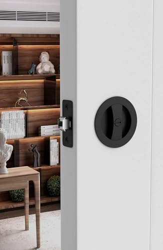 Image of goldenwarm Matte Black Pocket Door Lock, Privacy Round Pocket Door Hardware Not-Adjustable 2-3 /8 inch Latch, Pocket Door Handles for Pocket Doors Sliding Doors 1 Pack