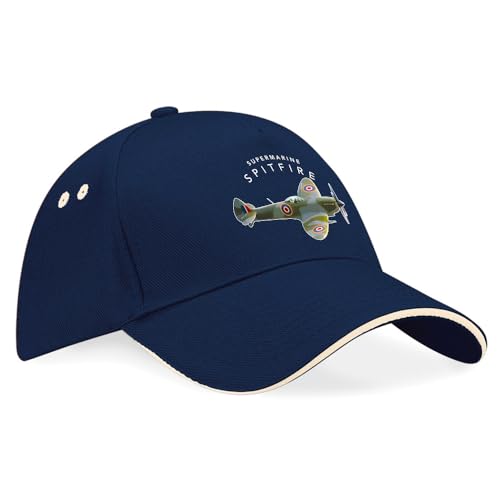 D Design Invent Print! Spitfire Gift Flying Legend Supermarine Hat Baseball Cap WWII Aircraft Gift Present Keepsake Memorabilia for Men and Women Adjustable (Cotton Navy/White Trim)