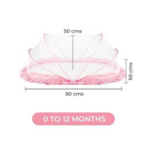 Image of SafeMyles Foldable Baby Mosquito Net with Bed | Soft & Breathable Polyester Mesh with Elegant Round Frill | Ideal for Newborns, Infants & Toddlers (Pink, 90x50x50 cm)