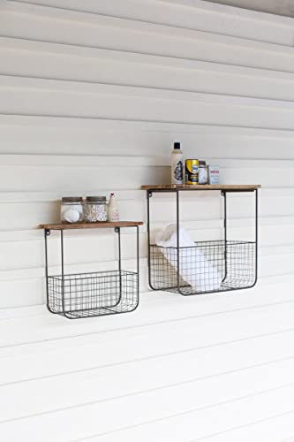 Kalalou Cq7385 Set Of Two Wire Basket Shelves Wthi Recycled Wood Tops, Brown #TOP27