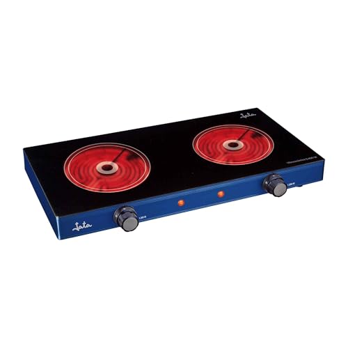 Jata V142 Cocina eléctrica vitrocerámica 2 placas de 16,5 cm de 1200 W cada una, Cuerpo Metálico, 2 Termostatos Regulables de Temperatura, Protección Sobrecalentamiento, Azul