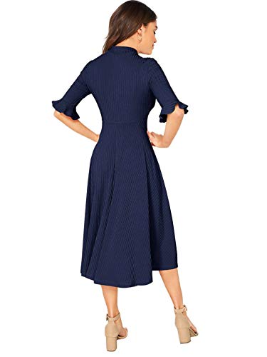 Verdusa Women's Elegant Ribbed Knit Bell Sleeve Fit And Flare Midi Dress Navy L #TOP1