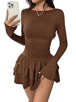 Sukiglam Damen Kleider Sexy Minikleid Langarm Rüschenkleid mit Bootsausschnitt Bodycon Kleid Kurz Figurbetont Partykleid Cocktailkleid Abendkleider Freizeitkleid Elegant A-Linie Kleider Herbst/Winter