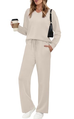 Lounge Sets for Women Airport Travel Outfits 2 Piece Sets for Women Sweatsuits Comfy Matching Set Clothing Early Fall Fashion Must Haves 2025 Wide Led Pants Two Piece Outfits Vacation Clothes Beige M