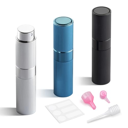 LISAPACK Perfume Travel Refillable Bottle - Atomizer Cologne Spray for Men Portable - Mini Sprayer Empty for Refill - Small Size 8ML Striped (Black, Silver, Blue)