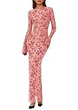 PRETTYGARDEN Women's Floral Bodycon Maxi Dress 2025 Fall Elegant Mesh Long Sleeve Formal Wedding Guest Cocktail Dresses (Pink,Small)
