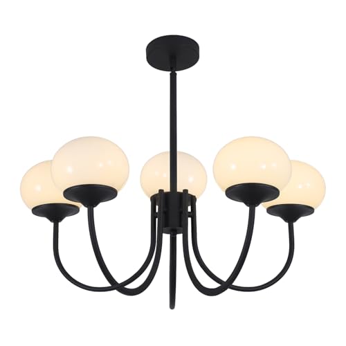 Flyrose 5 Light Black Milk Glass Chandelier Farmhouse Pendant Lights