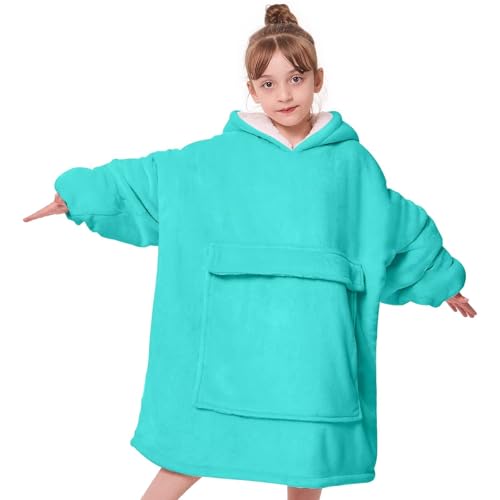 yescool Wearable Blanket Kids Hoodie, Birthday Teen Girls Gifts for 8-15 Year Old Kids Oversized Sweatshirt Sherpa Flannel Cozy Hooded Blanket with Pocket for Children, Youth Teens, One Size, Teal