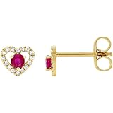 Pendientes de oro amarillo de 14 quilates con parte trasera de fricción incluida rubí pulido y diamante de 0,1 quilates de peso para mujer
