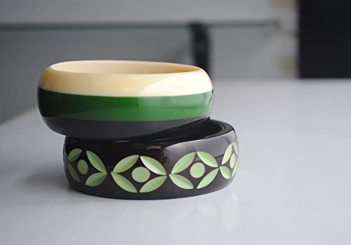 Verdure Wheel -Beautiful Value Set Of 2 Resin Bangles Depicting Joinery & Carving Art In Black, Pastures Green, White & Arcadia Green Color With Pure Cotton Designer Gift Bag For Girls & Women #TOP4