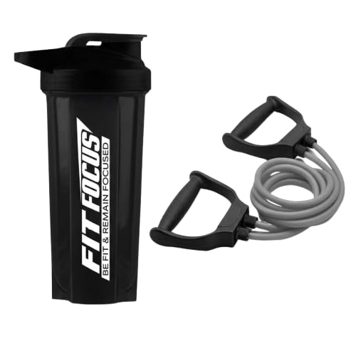 Gym Shaker Bottle with Resistance Double Toning Tube Set, Leakproof Protein, Durable Workout Band with Handles for Home Gym, Fitness Training & Muscle Toning for Men & Women (Grey & Black)-image-48