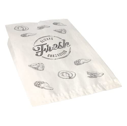 PAPSTAR 1000 Fleischerbeutel, Kraftpapier, gefädelt 32 cm x 20 cm x 7 cm Weiss Wurstwaren mit Druck, groß, Sie erhalten 1 Packung, Packungsinhalt: 1000 Stück