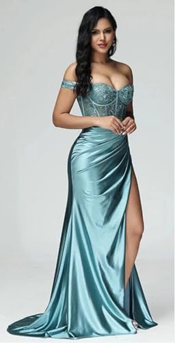Women's Sweetheart Neck Satin Mermaid Prom Dresses Off Shoulder with High Slit Formal Evening Party Gowns3